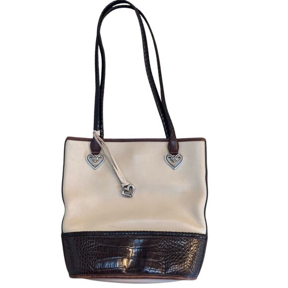 Brighton Colorblock Leather Bag Beige w/ Brown Croc Trim Silver Heart Charm - Picture 1 of 16